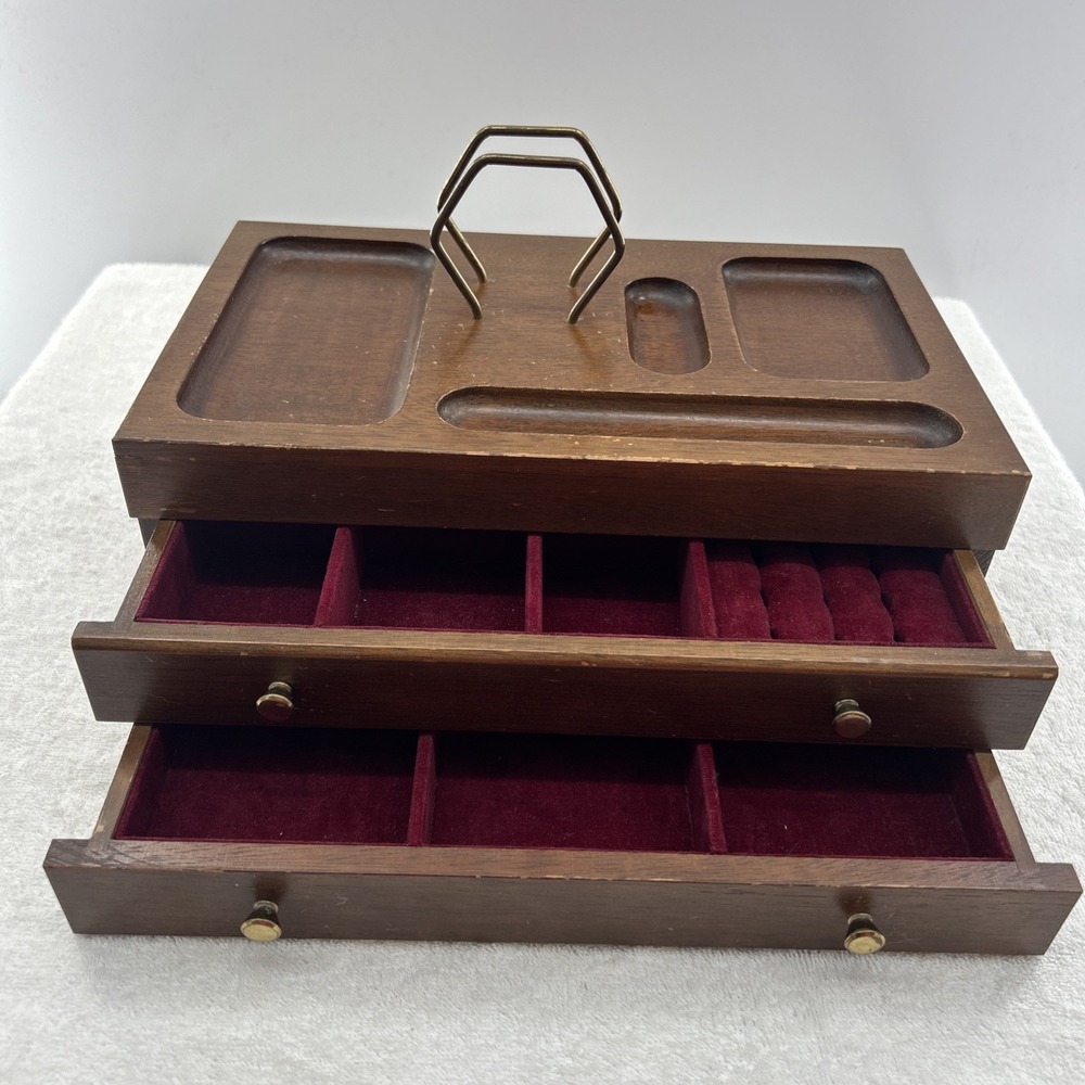 Vintage Solid Wood Brass Dresser Top Caddy Valet Jewelry Wallet Box Organizer